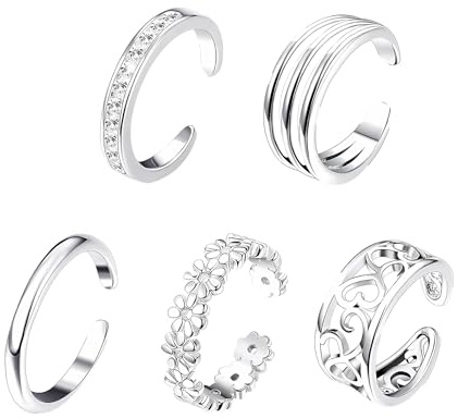 Ninnyi 5 Pcs Toe Rings for Women, Open Adjustable Silver Plated Toe Ring for Beach Paries Everyday Wear