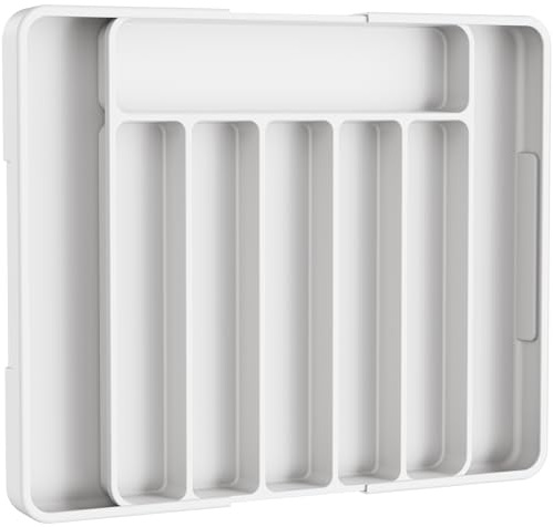 Kitsure Large Cutlery Drawer Organiser for Kitchen - Adjustable Cutlery Tray for Effortless Utensil Sorting, Versatile Kitchen Storage & Organisation Solution, White, 34.8 x 3.9 x 27.8~50.0 cm