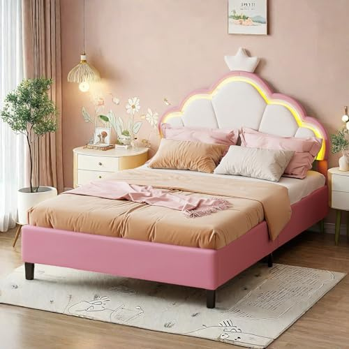 LIVLUX Cama Tapizada 90 x 200 cm, Cama Princesa con Cabezal LED Ajustable y Somier de Lamillas, Cama para Niña, Diseño en Forma de Corona para Niños y Adolescentes (Rosa, 90 x 200 cm)
