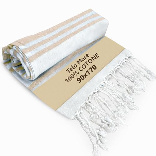 SONIT - Telo Mare Beige in Cotone Leggero Antisabbia, Asciugamano Spiaggia Morbido e Salvaspazio, Telo Compatto per Viaggio, Pic Nic e Piscina, Asciugamano Mare Leggero e Assorbente, Unisex
