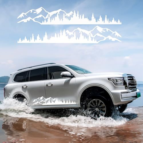 1Paar Berg Wald Auto Aufkleber, Wasserdichte Vinyl Berg Auto Seite Karosserie Motorhaube Autoaufkleber, Universal Grafik Sticker Aufkleber Dekor für SUV Off-Road Jeep Wohnmobil LKW,100x17cm, Weiß