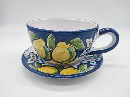 Betulla Bianca Tazza Colazione in Ceramica Artigianale con Piattino, Decorata con Limoni, 13 x 8 cm