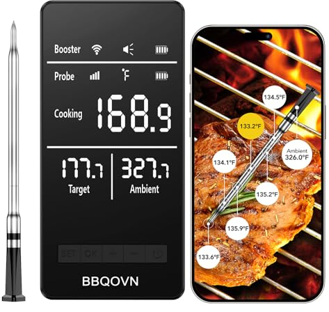BBQOVN WiFi Sub-1g Wireless Meat Thermometer Unlimited Range, Check Temp Anywhere,7 NIST Certified Sensors with Ambient Temp Smart Digital Base,Monitor for BBQ, Grill,Oven, Smoker (1, Grey, Small)