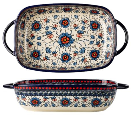 Dxcaicc Lasagne-Schale Keramik Kreativer Doppelgriff-Teller Deep Dish Home Polnisch Retro Exquisite Form Und Filigraner Stil Rechteckiges Backblech Aus Keramik,Blue Flowers,Small
