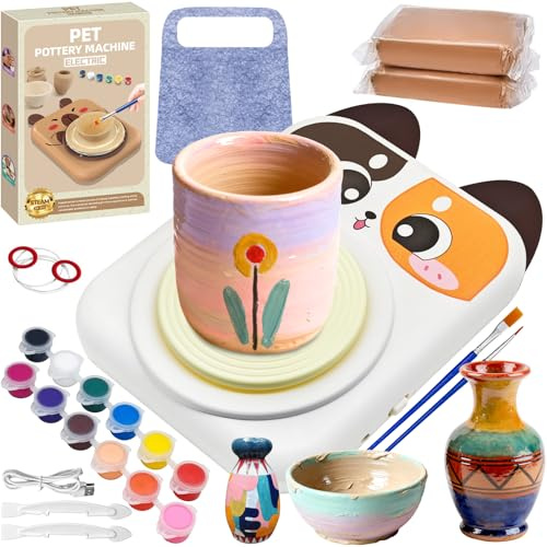 Lets Joy Töpferset für Kinder, Töpferset Drehscheibe, Mini Töpferscheibe mit Töpferton, DIY Töpferscheibe Elektrische Kreative Geschenke Töpfern Bastelset mit Zubehör, Weihnachtsspielzeug-Katzen
