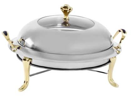 Chafing Dish da buffet da 28 cm, regolabile, in acciaio inox, con coperchio e supporto for combustibile da cucina for feste(Gold)