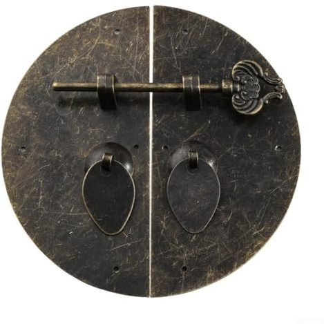 Yuanpgky Pannello rotondo con fibbia in ferro e rame, per mobili in stile cinese, serratura antica per armadi e cassetti con meccanismo di chiusura sicura, 10 x 10 cm