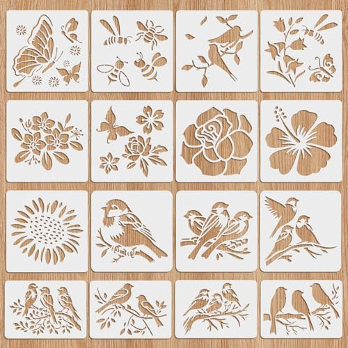 16Pcs Pattern Stencils for Painting - Bird and Flower Stencils for Crafts Reusable, Plastic Flexible Drawing Template for Spray Paint, Multifunctional Stencil Set for Wall Canvas Cake Card DIY Art