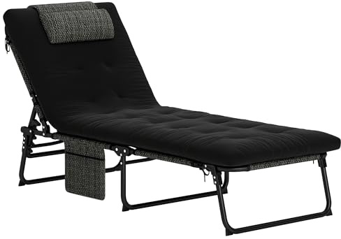 Outsunny Sonnenliege klappbar Gartenliege mit Kopfkissen, Liegestuhl mit 4-Fach verstellbare Rückenlehne Seitentasche, wetterfeste Campingliege bis 120 kg belastbar, für Garten Outdoor Pool, Schwarz
