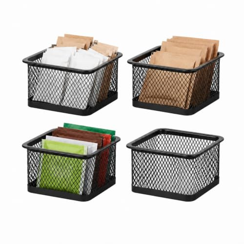 Raoletin Small Sugar Sweetener Sachets Holder Set of 4, Black Sugar Dispenser Baskets for Small Accessories, Metal Sugars Packets and Bar Caddy for Cafe, Office, Hotel and Kitchen Counter