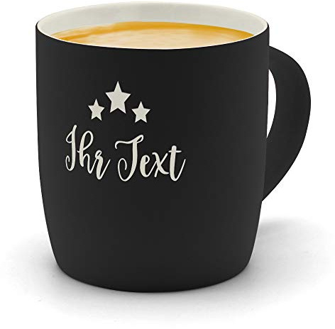 printplanet® - Kaffeebecher mit eigenem Text graviert - SoftTouch Tasse mit Wunschtext - Matt-gummierte Oberfläche - Farbe Schwarz - Motiv: Sterne