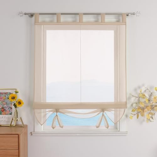 ESLIR Raffrollo mit Schlaufen Gardinen Küche Raffgardinen Transparent Schlaufenrollo Vorhänge Modern Voile Sand BxH 120x155cm 1 Stück