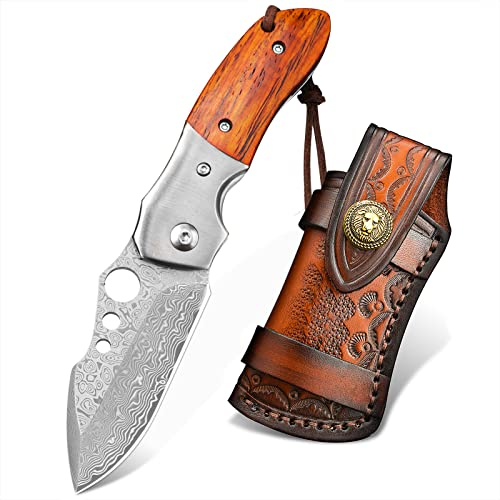 NedFoss Vatertagsgeschenk, geschenke zum vatertag, Damast Klappmesser Damaskusmesser, Taschenmesser aus Damaststahl, Holzgriff, Damastmesser mit Gürtelclip - extra scharf (parrot)