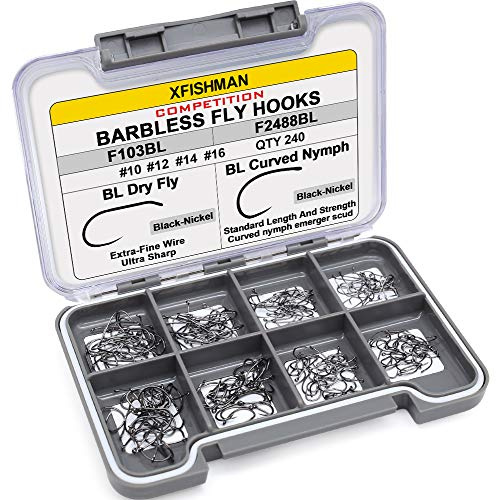 XFISHMAN Anglerhaken ohne Widerhaken zum Fliegenbinden, tschechische Nymphen-/Schottenfliegen-Haken, trocken, nass, gebogen, Wettbewerbsangeln, Forellenhaken, Nr. 10 bis Nr. 16, Packung mit 240 Haken