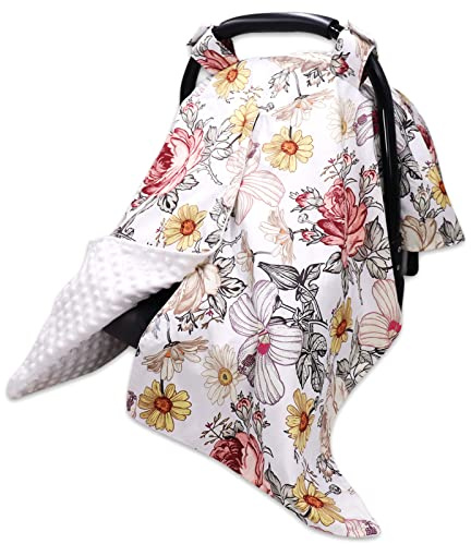 Babyschalen-Überdachung mit Blumenmuster, weicher Minky-Plüsch, gepunktete Rückseite, für Mädchen, Babyschalen-Überdachung, dehnbar, Mehrzweck-Stillbezug für Kinderwagen, Hochstuhl, Einkaufswagen
