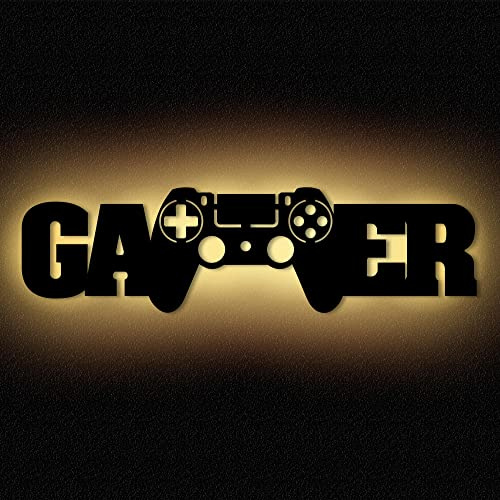 Namofactur Gamer-Wandlampe aus schwarzem Holz mit LED-Licht | Batteriebetrieben und für Schlaf-, Wohn- oder Jugendzimmer geeignet – dekorative Beleuchtung für Gaming-Fans