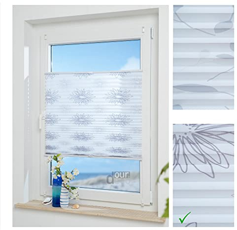 ourdeco Klemmfix-Plissee / 105 x 130 cm Blume grau/lichtdurchlässig, Blickdicht/Montage ohne Bohren