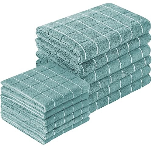Puomue Microfiber Kitchen Towels and Dishcloths Set, 26 X 18 Inch and 12 X 12 Inch, Set of 12 Bulk Lint Free Dish Towels for Drying Dishes, Lake Blue