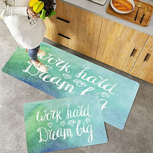 Kitchen Rugs Set 2 Piece Non-Slip Kitchen Mats and Rugs,Quote,Chalky Style Lettering Work Hard Dream Big Message Gemstone Fig,Rubber Backing Durable Floor Mat Doormat Machine Washable(40x60+40x100cm)