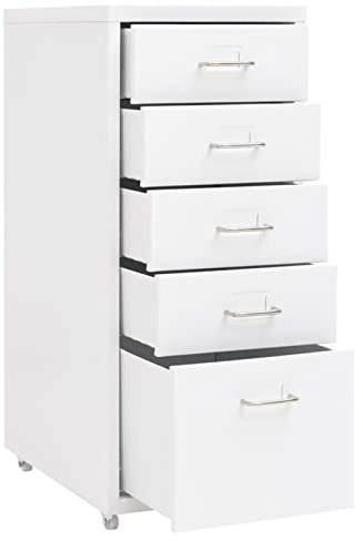 Ailgely Aktenschrank mit Rollen Metall Rollcontainer mit 5 Schubladen Schubladenschrank Büroschrank Stahlschrank Metallschrank für A4 Papier, Dokumente, Schreibwaren, Drucker,Weiß 28x41x69 cm