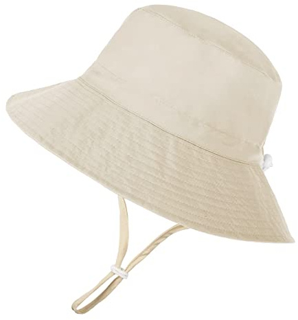 PythJooh Baby Sun Hat Toddler Girl Boy Summer Outdoor UPF 50+ Bucket Sun Hat Beach Pool Wide Brim Adjustable Strap Hats for 0-6Years Beige