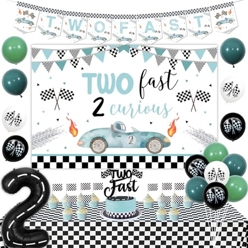 Zwei schnelle Geburtstagsdekorationen Junge Vintage, Rennwagen 2. Geburtstag Luftballons Zwei Fast Backdrop Kuchen Cupcake Topper Karierte Tischdecken Rennwagen Nummer 2 Folienballon für 2 Jahre Alt