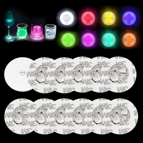 Pack of 12 LED Stickers Mood Lights (6 Colourful 6 Cool White) Self-Adhesive Light Stickers with Replaceable Battery and Glue Bottle for Party