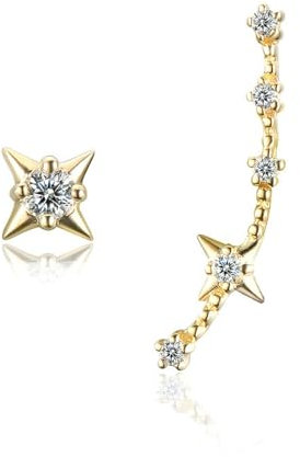 AMDXD 9K Gold Au375 Ohrringe Damen Echt Gold, Stern Ohrstecker mit Moissanit F-G, Gelbgold Au375 Ohrringe Jugendstil