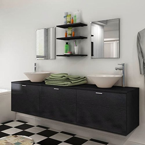 IKAYAA Conjunto 8 Piezas de Muebles de Baño Suspendido, Mueble de Lavabo Doble Con 2 Lavabos, Espejo, Negro