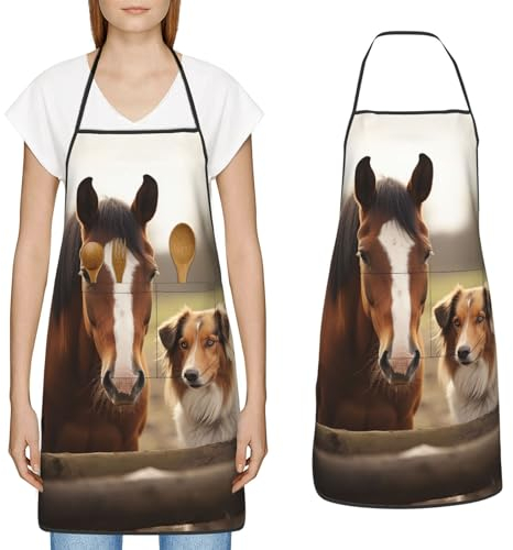 YoupO Collie Kochschürze mit Hund und Pferd zusammen bedruckt, mit großen Taschen, Küchenschürze, wasserdicht, Arbeitsschürze für Männer und Frauen, Weiss/opulenter Garten, Einheitsgröße