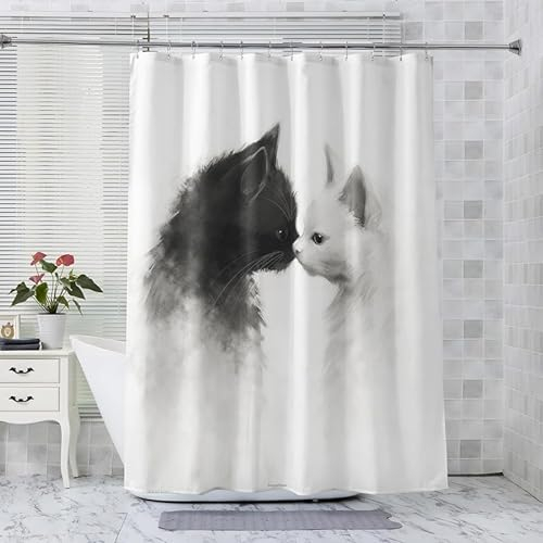ADEIRO Duschvorhang 120x180, Duschvorhang Katze, Duschvorhang Schwarz und Weiß mit 12 Plastik Haken, Badevorhang Waschbar Textil Shower Curtains für Dusche und Badewanne