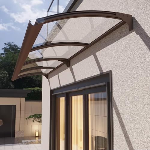Toit Abri Patio Marquise Transparente Polycarbonate Support en Alliage d'aluminium Auvent de Porte d'entrée avec Grand Guide l'eau Protection Contre Pluie Soleil pour Maison (150×570cm,Coffee)