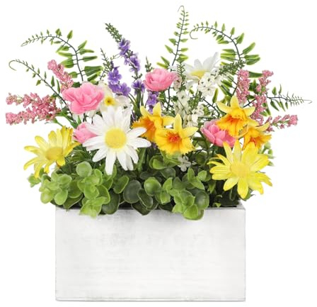 Arborus Kunstblumen Tisch Deko Künstliche Kamille Eukalyptus Rustikal Dekor | Frühling Sommer Deko Künstliche Blumen in Holzkiste für Balkon Regal Zimmer Büro Hotel Cafe