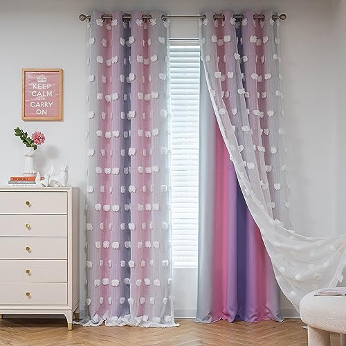 MYSKY HOME Gardin barnrum flicka ogenomskinlig gardin set om 2 mörkläggningsgardiner dubbla lager rumsavdelare gardiner med voile vardagsrum gardiner för hem, H 240 x B 132 cm, rosa + lila