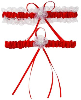 Rockreyoa Lot de 2 jarretières en dentelle avec nœud pour femme - Pour mascarade, cosplay, mariage, accessoires de mariée, cadeau de mariage, grand rouge