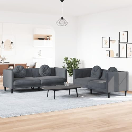 Homgoday 2-TLG. Sofagarnitur mit Kissen Sofa Couch Wohnzimmersofa mit Armlehnen, Loungesofa Couchgarnitur Designsofa Sitzmöbel Polstermöbel für Wohnzimmer Büro Dunkelgrau Samt
