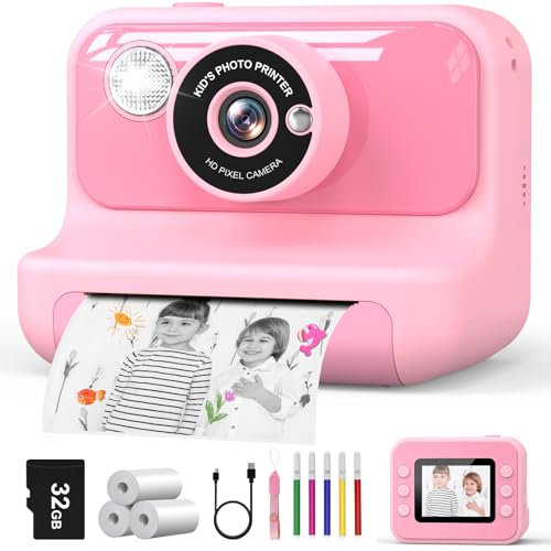 Hangrui Appareil Photo Instantané Enfant, 2.4 Écran Avec Carte 32G & Papier Photo, HD 1080P Vidéo Caméra, Cadeau Noël Anniversaire Pour Filles Garçons 3-10 Ans (Rose)
