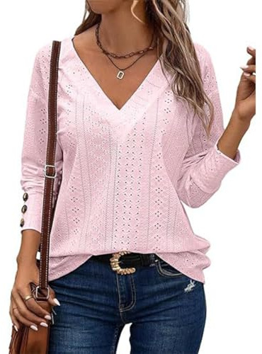 SHEKINI Camicetta da Donna Ricamata Top Eleganti Casual Manica Lunga con Scollo a V Leggero Top in Pizzo Top