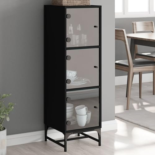 Freistehender hoher Bücherschrank mit Glastüren für Wohnzimmer, Schlafzimmer, Küche, Schwarz, Holz, Küchenaufbewahrungsschrank (35 x 37 x 120 cm)
