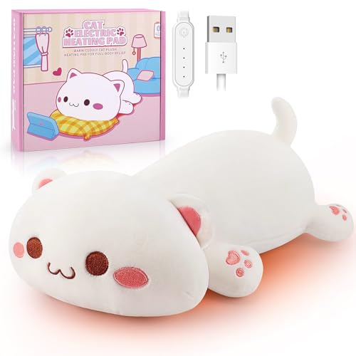 Plush Cat Heat Pad Electric Heat Pad Electric Heating Pad USB Powered Portable Menstrual Heating Pad For Period Pain Relief Neck Shoulder Back Animal Shaped Stuffed Heated Pads Gift For Unisex (White)