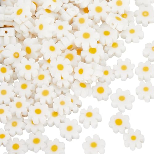 SUNNYCLUE 1 Box 150Pcs Glass Daisy Bead Lampwork Flower Beads Bulk Handmade Flat Spring White Floral Daisies Shaped Small Crystal Loose Spacers for Jewellery Making Bracelet Necklace Crafts Findings
