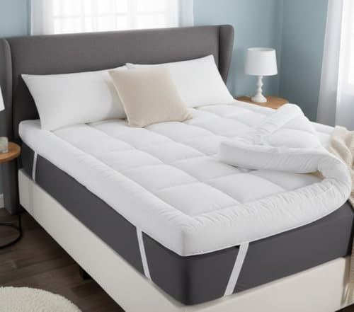 Adam Home Microfiber Quilted Small Double Mattress Topper 4 Inch / 10cm Hypoallergenic, Thick Mattress Topper Small Double Bed Hotel Quality Extra Soft, Elasticized Corner Straps (122 x 190 + 10cm)