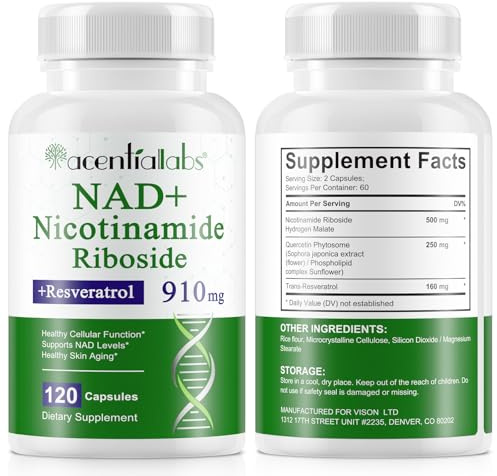 Suplemento de NAD, ribosida de nicotinamida (NAD), 910 mg de potenciador de NAD+, energía celular y antienvejecimiento. Vegano, seguro y sin OGM (1 pieza)