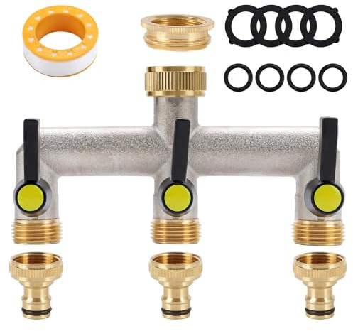 Tap Water Distributor, 3/4 Inch Brass Water Connection Distributor with 3/4'' Hose Connectors and 1/2'' Tap Connector Adapter for Home, Yard, Washing Machine, Garden Hoses (3-Way)