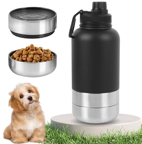 Trinkflasche Hunde für Unterwegs, 950ml Hundetrinkflasche für Unterwegs, Isolierte Edelstahl Wasserflasche Hund mit Futternapf und Wassernapf, Tragbare Hundeflasche Thermoflasche für Outdoor, Wandern