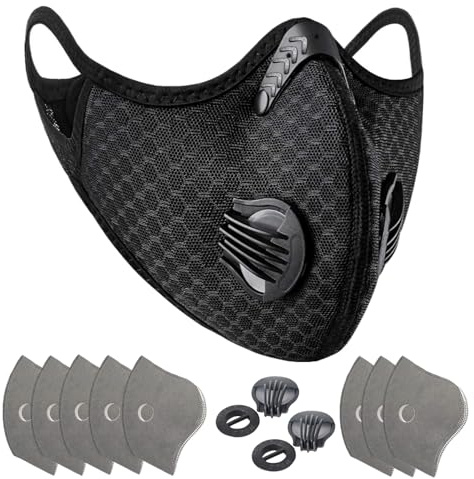 Facemask Loops Painter Face Dust Mask,Reusable Extra with 8 Activated Carbon Filters 2 valves for Woodworking Mowing Grinding (Black M+)