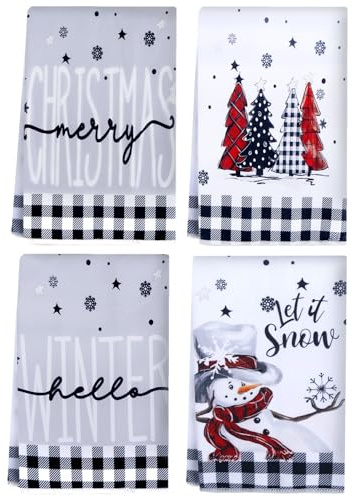 4er Schwarz Weiß Büffelkaro Schneemann Bäume Weihnachten Küchentücher Geschirrtücher Weihnachtsdeko Weihnachtshandtuch Tischdeko 40x60 cm Saisonale Trockentücher Strapazierfähig Saugkräftig Küchen