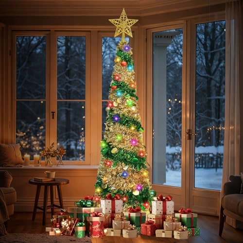 CAUTIOUS 160cm Arbol de Navidad Plegable, árbol de Navidad Artificial Plegable con Lentejuelas Brillantes, Pop Up Christmas Tree con Estrella y Soporte Estable, para Decoración de Navidad