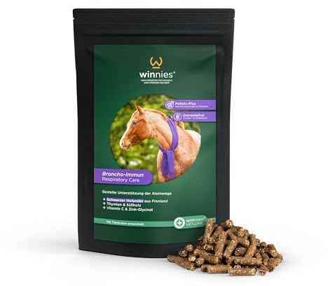 winnies® Broncho-Immun für Pferde – Ergänzungsfuttermittel mit Holunder, Thymian, Pfefferminze, Süßholz, Vitamin C, Zink – Ohne Zucker & Getreide – Stärkung von Bronchien & Immunsystem – 1 kg Pellets