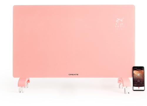 CREATE/WARM CRYSTAL 2500W / Elektrischer Konvektor aus Glas mit WLAN und Rollen Schwarz/App, regulierbare Leistung, Boden- oder Wandmontage, LED-Touchscreen, geringer Verbrauch